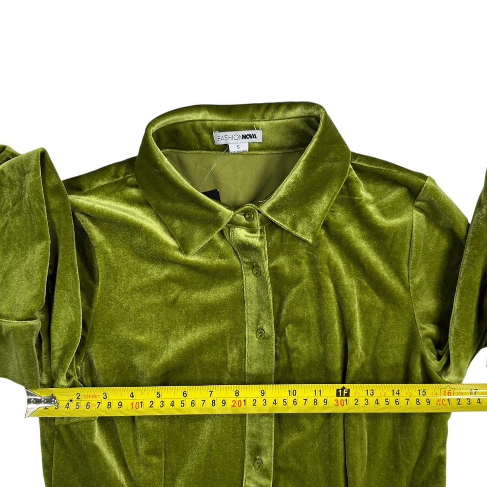 NEW Fashion Nova Phoebe Velvet Shirt Dress S Green Chartreuse Mini Luxe Mod - Picture 7 of 10